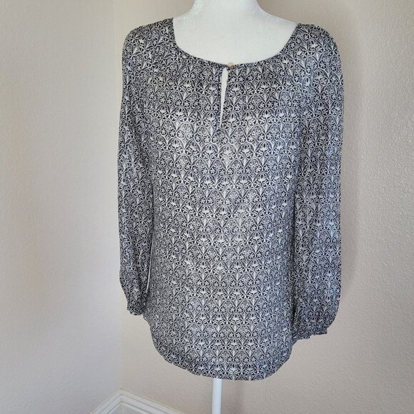 Tory Burch Stretch Silk Keyhole Neck Blue Metallic Long Sleeve Blouse Size 4 - Picture 4 of 12